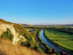 River Bank Prints: River Ouse at sunset, elevated view, Lewes, East Sussex, England, United Kingdom