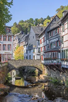 River Rur with half-timbered houses at Monschau, Eifel, North Rhine Westphalia, Germany