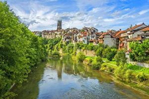 River Saane with old town and cathedral, Fribourg, Fribourg, Switzerland