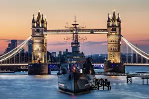 Hms Belfast Prints: River Thames, HMS Belfast and Tower Bridge at dawn, London, England