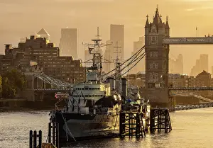 Hms Belfast Prints: River Thames, HMS Belfast and Tower Bridge at dawn, from London Bridge, London, England