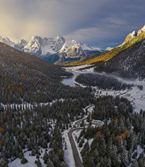 Winding Road Prints: Road to Misurina at sunrise, Misurina, Belluno, Auronzo di Cadore, Veneto, Italy