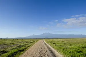 Dirt Road Prints: The Road to Mount Kilimanjaro. A road in the Amboseli National Park, looking towards