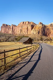 Historical Landmark Prints: Road passing by historic Gifford or Fruita Barn, Fruita, Capitol Reef National Park, Utah