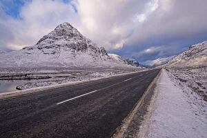 Road through snow covered Rannoch Moor in the Scottish Highlands, Argyll, Scotland