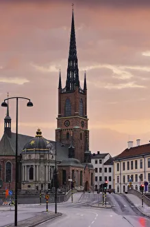 Stockholm Prints: Road and swedish church in Stockholm at sunset, Sweden, Scandinavia, Europe