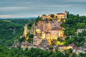 Rocamadour, pilgrimage town along El Camino de Santiago at dusk, Lot Department