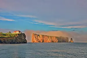 Perce Prints: Roche Perce and Atlantic Ocean sin fog at sunrise on Gaspe Peninsula