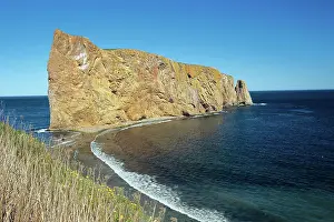Rocher perce (Perce Rock) on the Gaspe Peninsula and the Atlantic Ocean Perce, Quebec, Canada