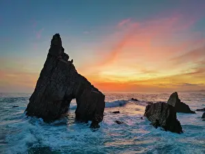 Asturias Prints: Rock Arch at Sunrise, Campiecho Beach, Asturias, Northern Spain