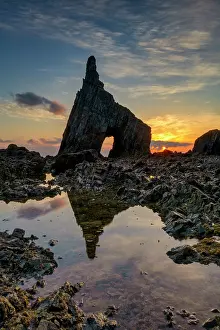 Asturias Prints: Rock Arch at Sunrise, Campiecho Beach, Asturias, Northern Spain