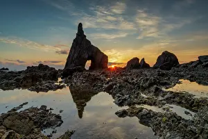 Asturias Prints: Rock Arch at Sunrise, Campiecho Beach, Asturias, Northern Spain