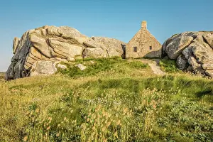 Coastal Landscape Prints: Rock formation and old customs house Menez Ham, Kerlouan, Finistere, Brittany, France