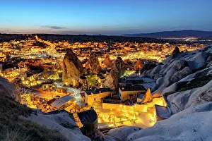 Goreme Prints: Rock formations in Goreme at dusk, National Park, Cappadocia, Central Anatolia, Turkey