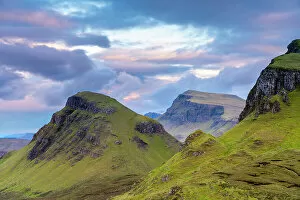 A Chuith Raing Gallery: Rock formations at sunset, Quiraing, Trotternish, Isle of Skye, Scottish Highlands, Scotland, UK