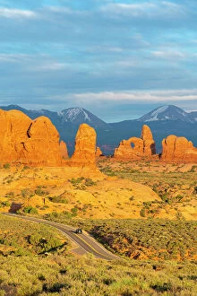 Roads Collection: Rock formations at Turret Arch against La Sal Mountains, Arches National Park, Grand County, Utah