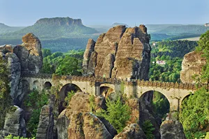 Saxony Prints: Rock landscape at Bastei - Germany, Saxony, Saxon Switzerland-East Ore Mountains, Rathen