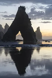 Tongaporutu Prints: Rock reflect with low tide at the Three Sisters beach, at sunset, with Mt Taranaki