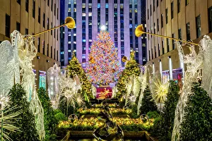 Rockefeller Center Prints: Rockefeller Center with Christmas Tree and Angels, Manhattan, New York City, New York, USA