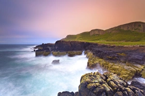 Serene Landscape Prints: Rocky cliffs and sea, with wooden hills, Staffin bay, Isle of Skye, Scotland, UK