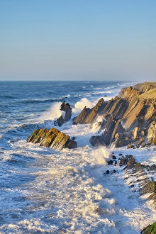 Waves Prints: The rocky coast of Sao Pedro de Moel on a windy day. Marinha Grande, Leiria. Portugal