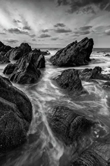 January Prints: Rocky cove on the North Devon coast, Devon, England. Winter (January) 2019