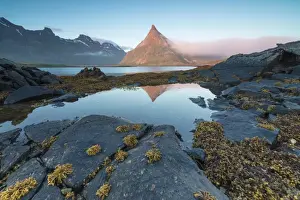 Fredvang Prints: The rocky peak of Volanstinden lighted up by the midnight sun is reflected in blue