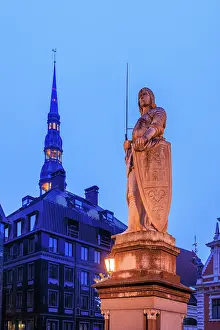 Latvian Prints: The Roland Statue and House of Blackheads, Town Hall square, Riga, Latvia