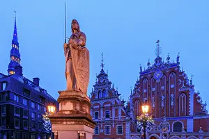 Latvian Prints: The Roland Statue and House of Blackheads, Town Hall square, Riga, Latvia
