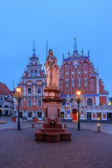 Latvian Prints: The Roland Statue and House of Blackheads, Town Hall square, Riga, Latvia