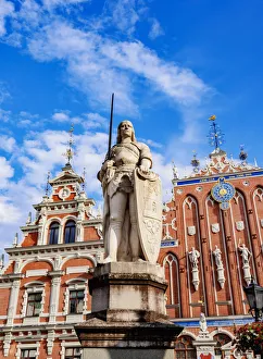 Latvian Prints: Rolands Statue in front of the House of the Black Heads, Town Hall Square, Riga, Latvia