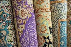 Industry Prints: Detail of rolled carpets on display at store