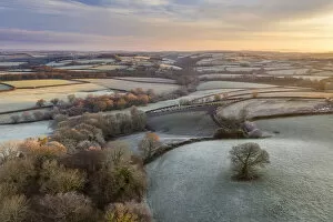 Images Dated 23rd February 2021: Rolling countryside at dawn on a frosty winter morning, Devon, England