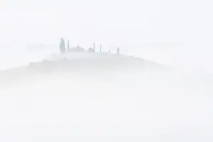 Barn Prints: Rolling hills of Tuscany, with Poggio Istiano rising just enough through the thick layer of fog