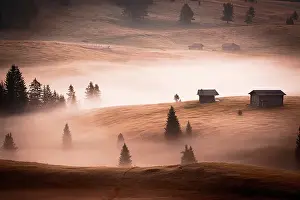 Rural Scene Prints: Rolling landscape of Seiser Alm plateau under a foggy sky at dawn in autumn