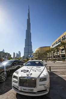 Comtemporary Prints: Rolls Royce & Burj Khalifa, Downtown, Dubai, United Arab Emirates