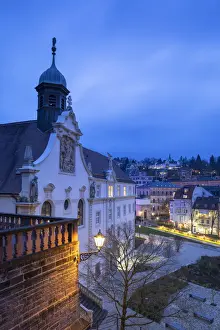 Roman Ruins Prints: Roman bath ruins and Friedrichsbad (Fredericks bathhouse) at dusk, Baden-Baden