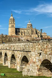 Puente Romano Prints: Roman bridge with the Cathedral in the background, Salamanca, Castile and Leon, Spain