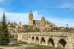 Roman bridge with the Cathedral in the background, Salamanca, Castile and Leon, Spain