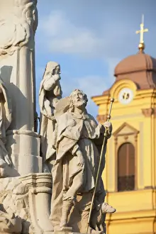 Timisoara Prints: Roman Catholic Cathedral and statue on Trinity Column in Piata Unirii, Timisoara, Banat
