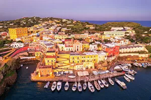 Romans Collection: Roman harbour of Ventotene and the colourful houses on the marina at dawn, Ventotene Islands