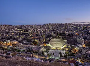 Roman Theater and The Hashemite Plaza at dusk, elevated view, Amman, Amman Governorate
