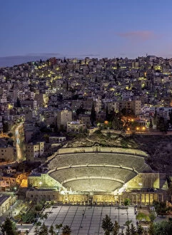 Roman Theater and The Hashemite Plaza at dusk, elevated view, Amman, Amman Governorate