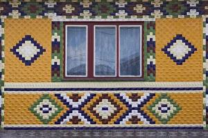 Maramures Prints: Romania, Maramures Region, Rona de Jos, ornate tiled house