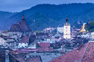 Romania, Transylvania, Brasov, elevated city view with Black Church and Town Hall tower