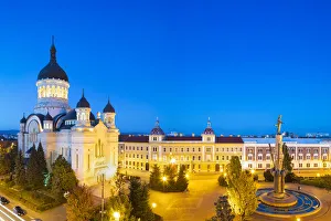 Romania, Transylvania, Cluj-Napoca. Avram Iancu Square and the Dormition of the Theotokos