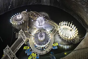 Romania, Transylvania, Cluj-Napoca. An aerial view of the Terezia Mine at Salina Turda