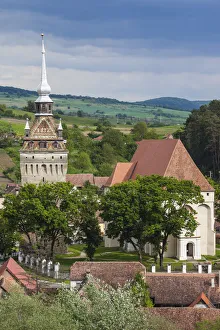Saxon Prints: Romania, Transylvania, Saschiz, fortified Saxon Church, 15th century, elevated view
