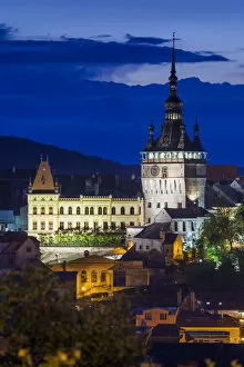 Images Dated 30th January 2015: Romania, Transylvania, Sighisoara, elevated city view Old Town and clocktower, dusk