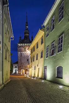 Romania, Transylvania, Sighisoara, clock tower, built in 1280, evening